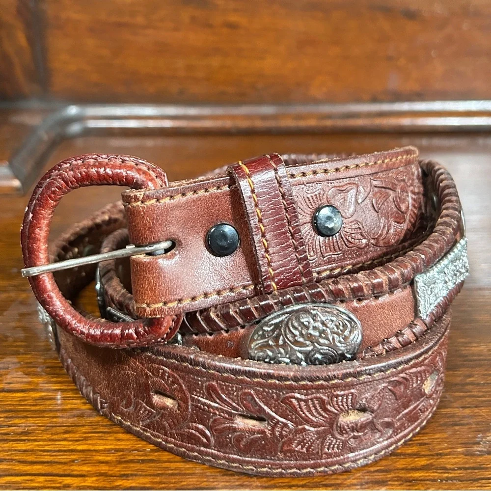 Western Brown Women's Hand Tooled thick leather belt with metal accents Sz.38/L